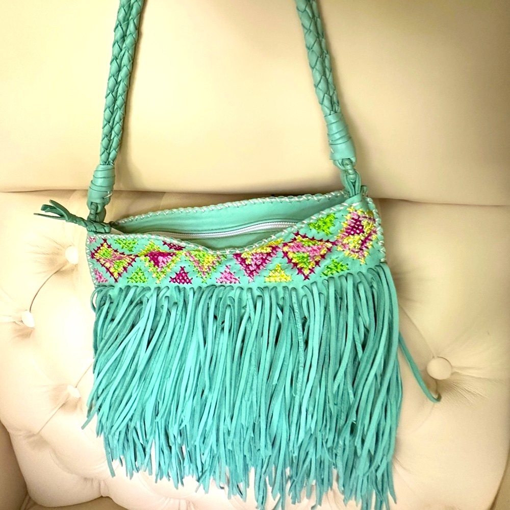 En Shalla Buttery-Soft Aqua Leather Embroidered Boho Handbag w/Fringe